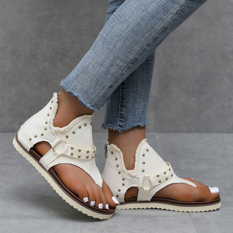 Plain Studded Decor Raw Edge Zipper Thong Sandals