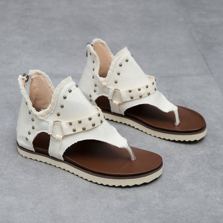 Plain Studded Decor Raw Edge Zipper Thong Sandals