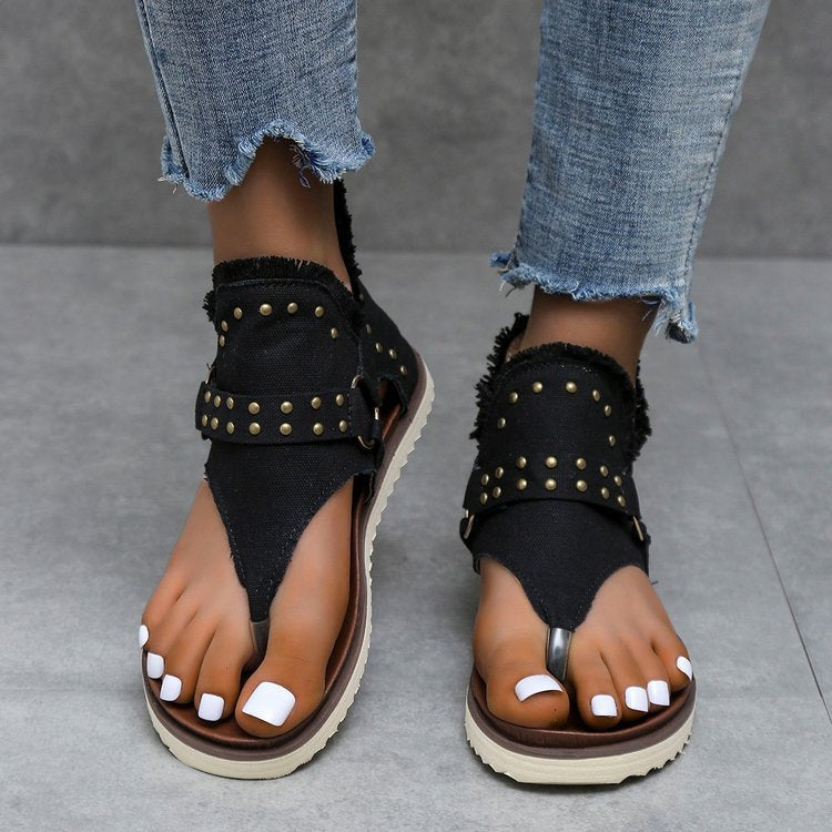 Plain Studded Decor Raw Edge Zipper Thong Sandals