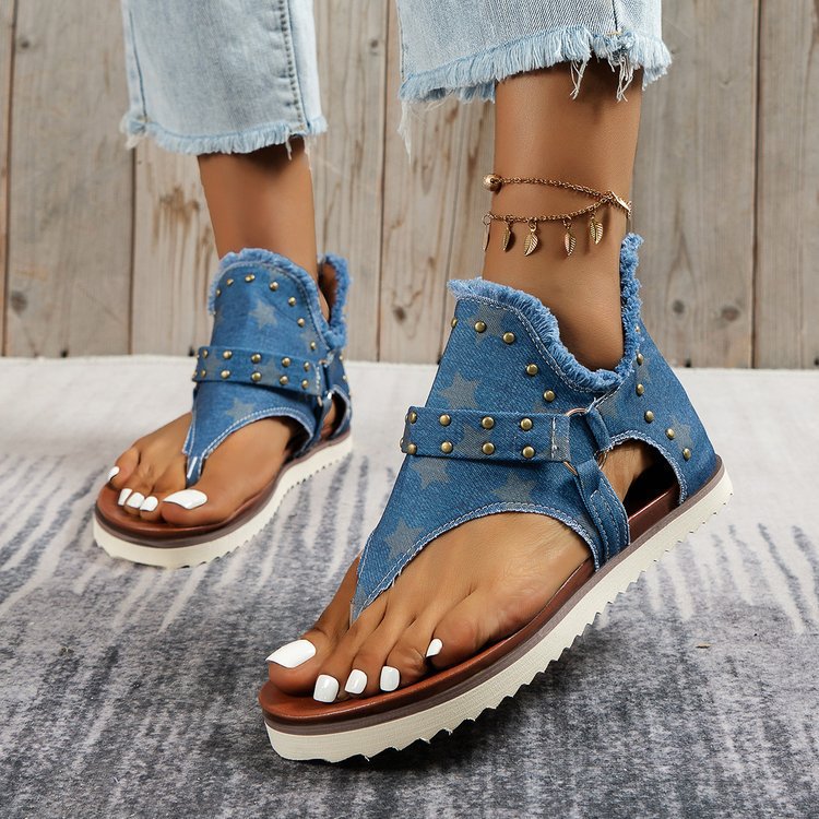 Plain Studded Decor Raw Edge Zipper Thong Sandals