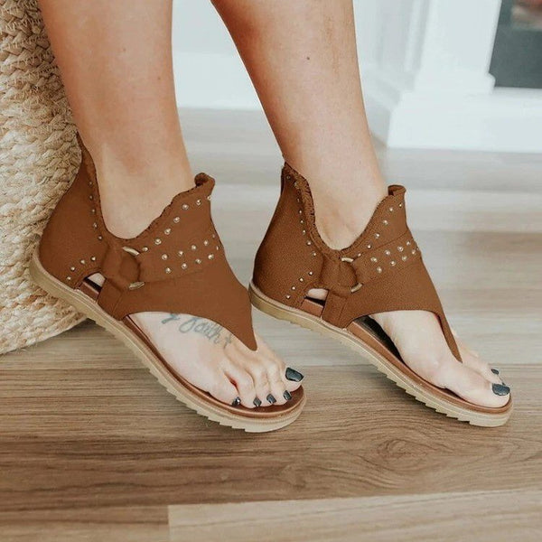 Plain Studded Decor Raw Edge Zipper Thong Sandals