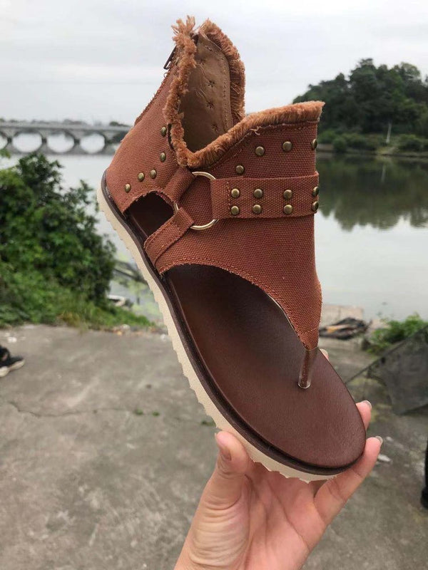 Plain Studded Decor Raw Edge Zipper Thong Sandals