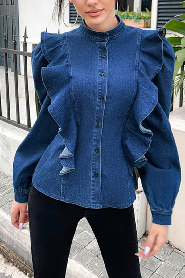 Ruffle Hem Puff Sleeve Denim Jacket