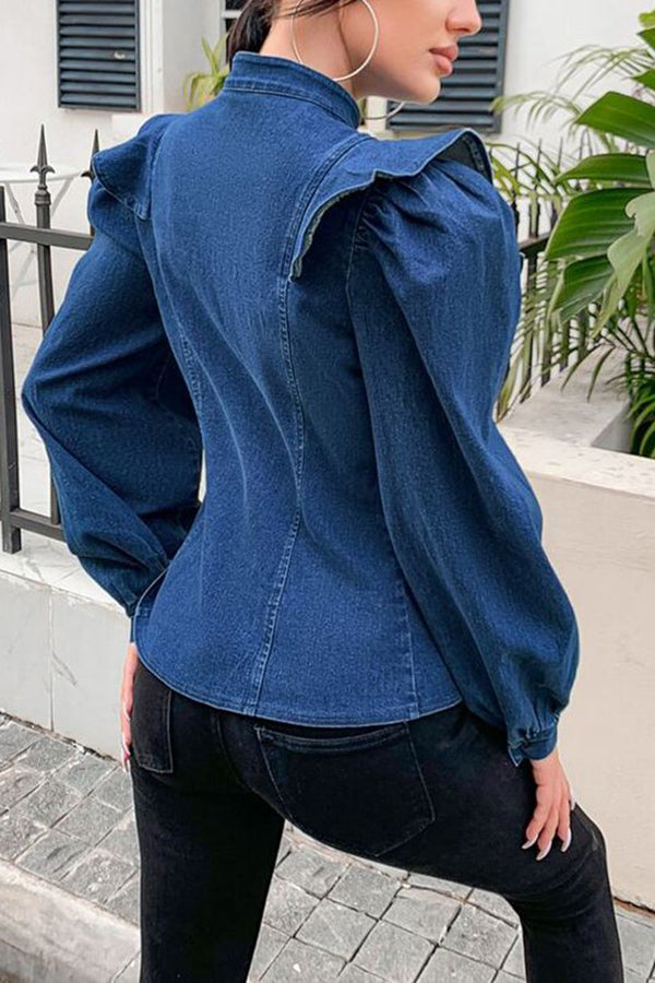 Ruffle Hem Puff Sleeve Denim Jacket