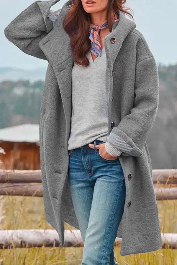 Casual Loose Solid Color Hooded Single-breasted Woolen Coat