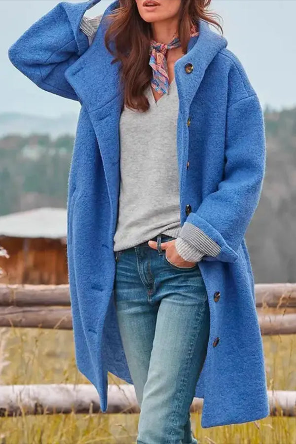 Casual Loose Solid Color Hooded Single-breasted Woolen Coat