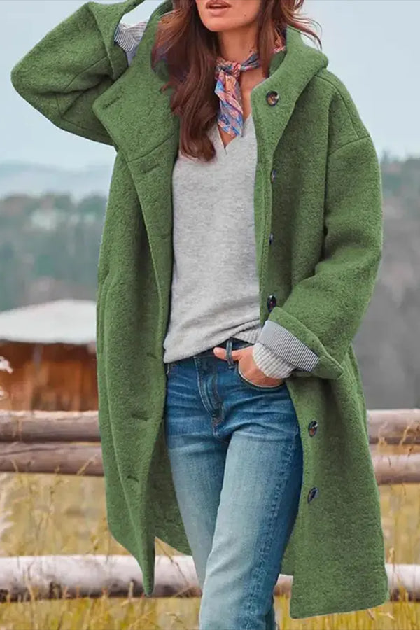 Casual Loose Solid Color Hooded Single-breasted Woolen Coat