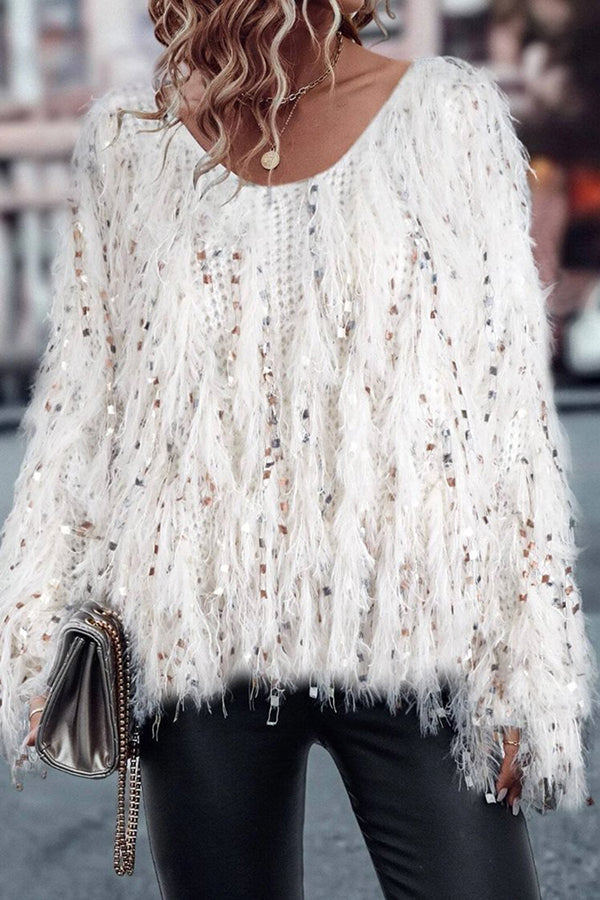 Loose Plain Urban Long Sleeve Glitter Sweater