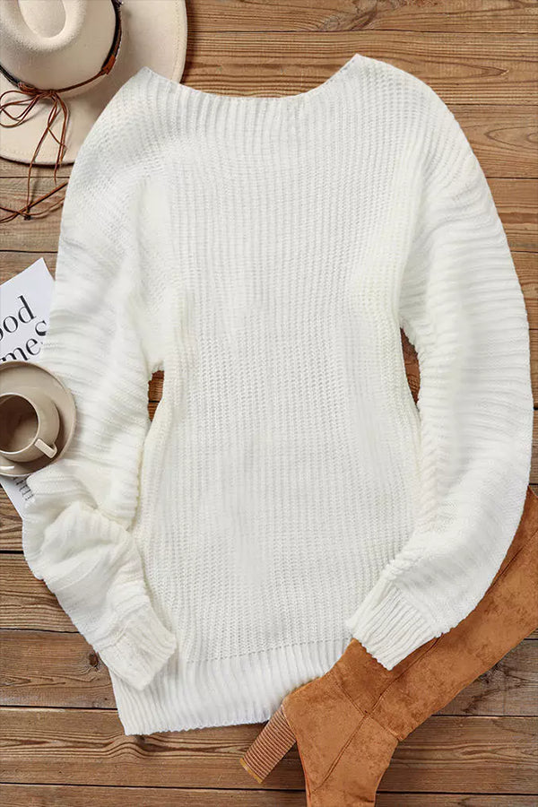 Long Sleeve O-Neck Sweater Dress - White