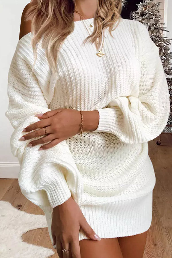 Long Sleeve O-Neck Sweater Dress - White