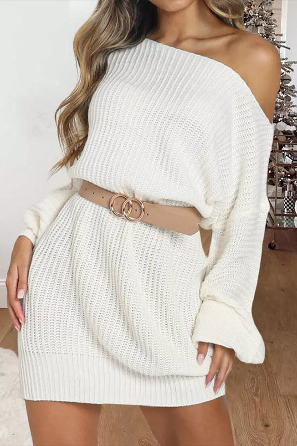 Long Sleeve O-Neck Sweater Dress - White