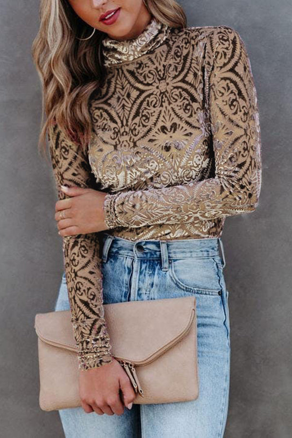 Patterned Velvet Long-Sleeved Top