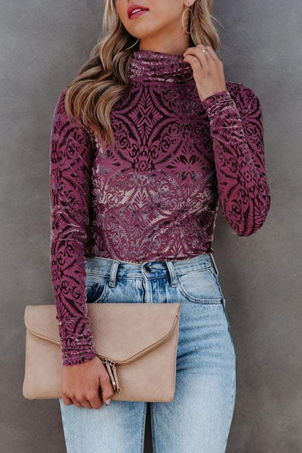 Patterned Velvet Long-Sleeved Top