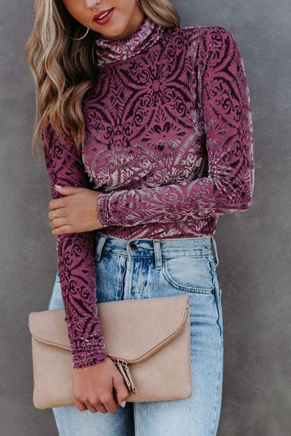 Patterned Velvet Long-Sleeved Top