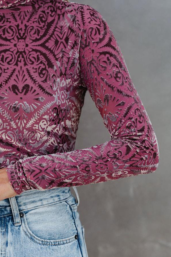 Patterned Velvet Long-Sleeved Top