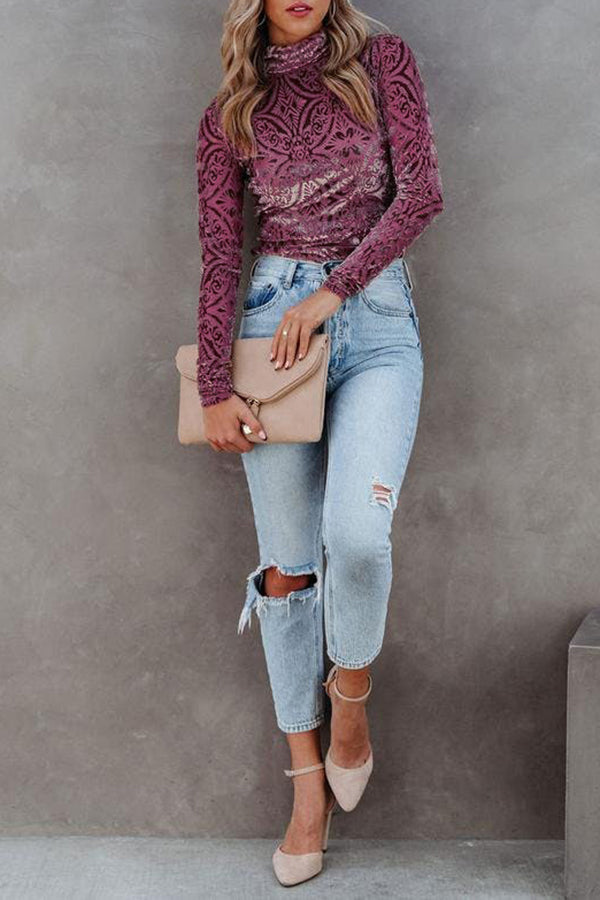 Patterned Velvet Long-Sleeved Top