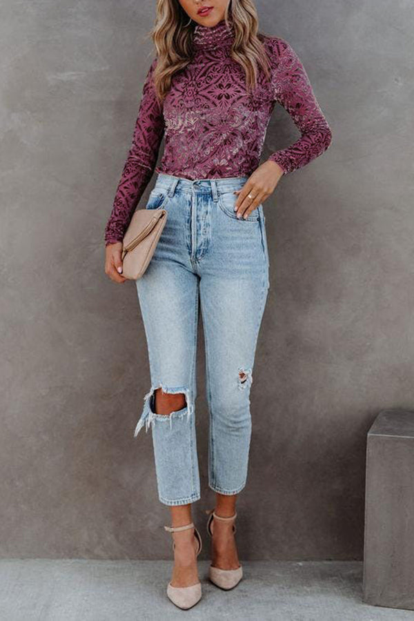 Patterned Velvet Long-Sleeved Top