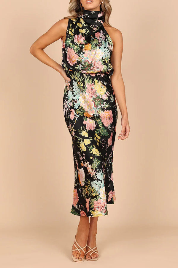 Anabelle Halter Neck Midi Dress - Black Floral