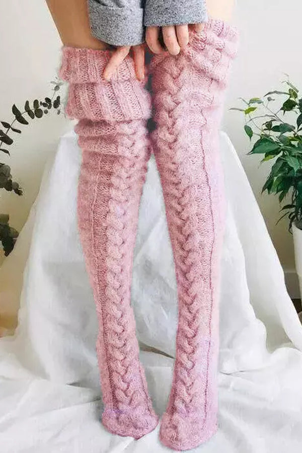 Warm Over Knee Extra Long Knitted Socks - Pink