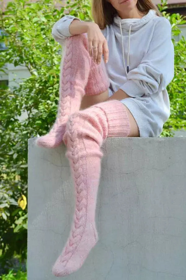 Warm Over Knee Extra Long Knitted Socks - Pink