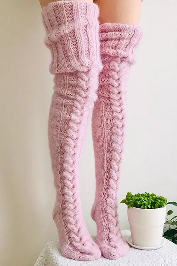 Warm Over Knee Extra Long Knitted Socks - Pink