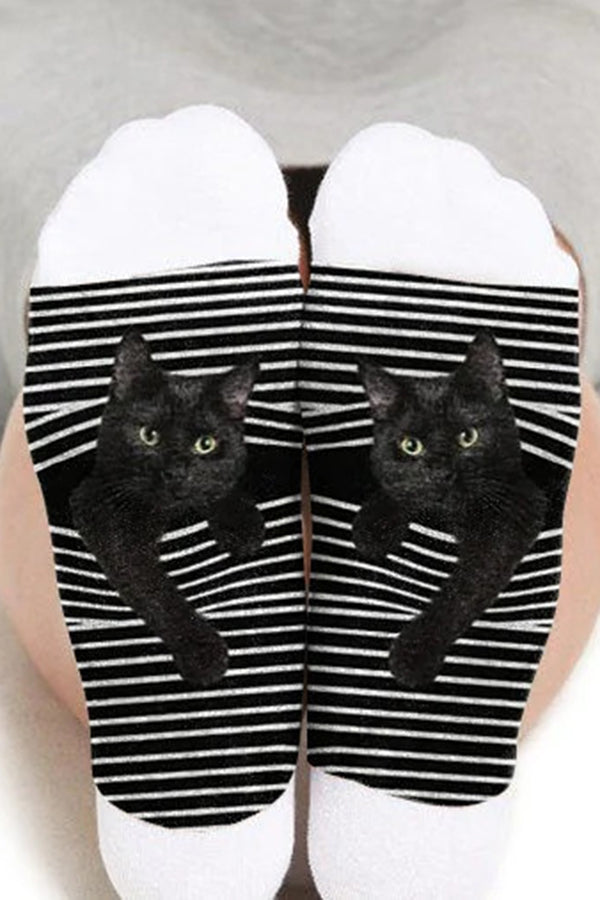 Cotton Striped Cat Printed Socks Plus Size