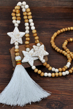 Boho Hand-Strung Wood Beads White Tassel Necklace