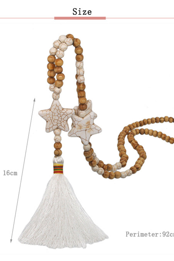 Boho Hand-Strung Wood Beads White Tassel Necklace