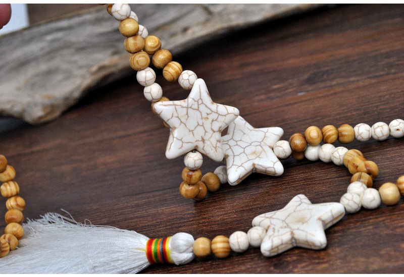 Boho Hand-Strung Wood Beads White Tassel Necklace