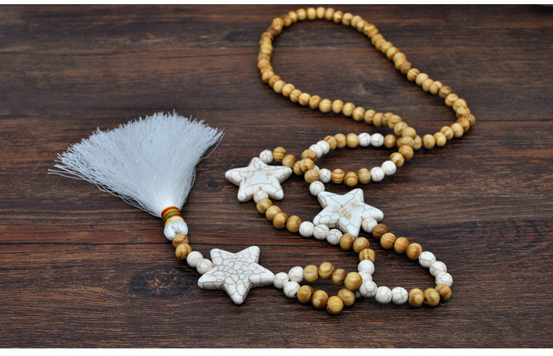 Boho Hand-Strung Wood Beads White Tassel Necklace