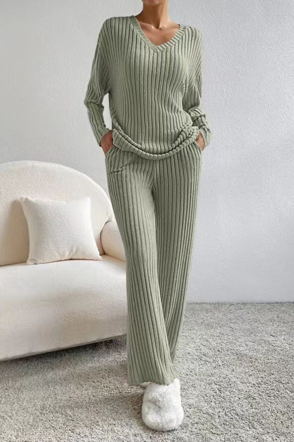 Plain V Neck Long Sleeve Top With Pants Loose Casual Two-Piece Set