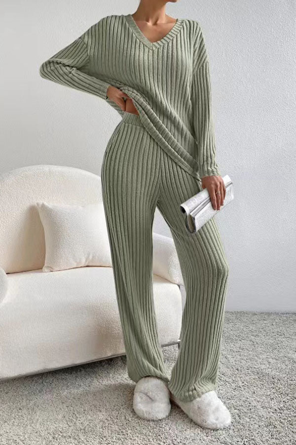 Plain V Neck Long Sleeve Top With Pants Loose Casual Two-Piece Set