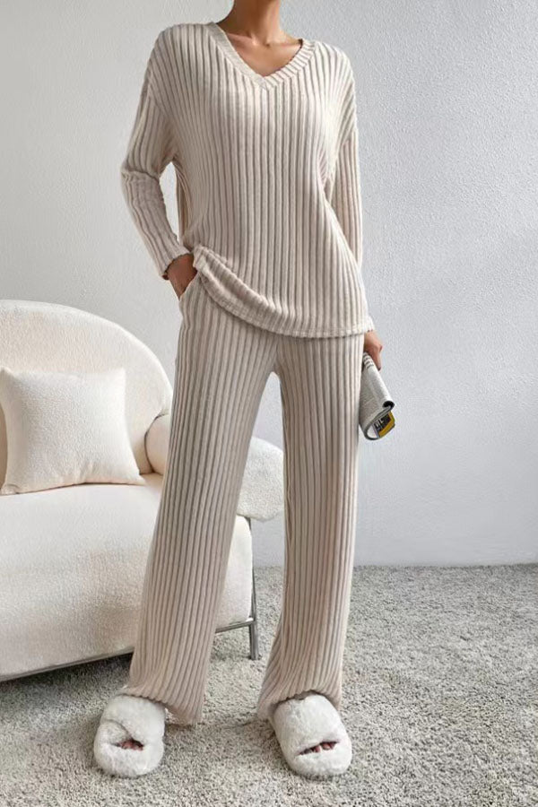 Plain V Neck Long Sleeve Top With Pants Loose Casual Two-Piece Set