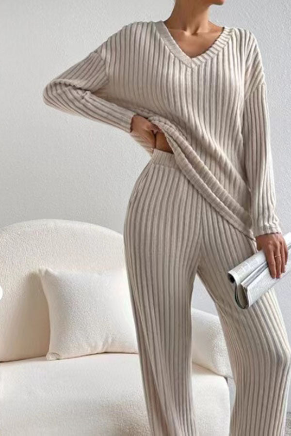 Plain V Neck Long Sleeve Top With Pants Loose Casual Two-Piece Set