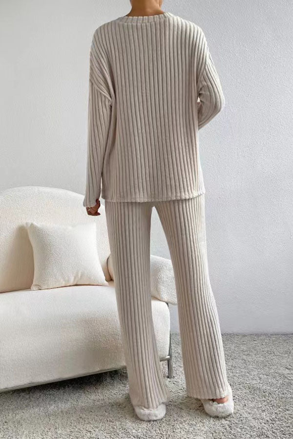 Plain V Neck Long Sleeve Top With Pants Loose Casual Two-Piece Set