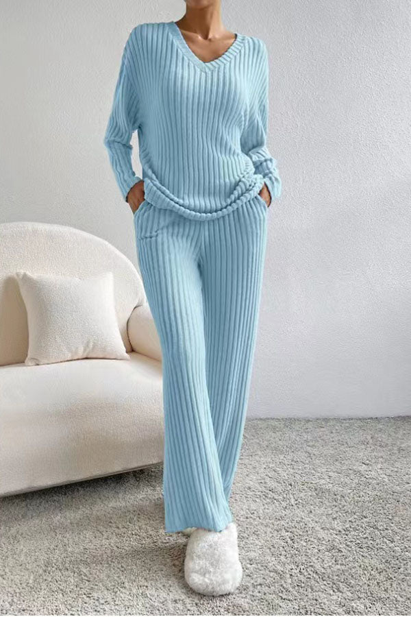 Plain V Neck Long Sleeve Top With Pants Loose Casual Two-Piece Set