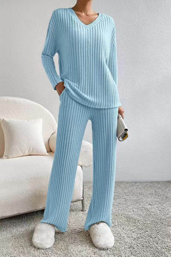 Plain V Neck Long Sleeve Top With Pants Loose Casual Two-Piece Set