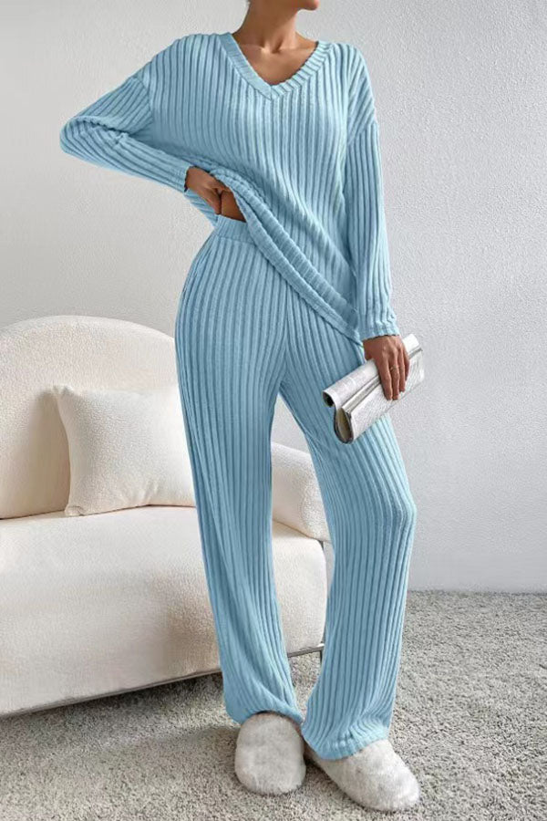 Plain V Neck Long Sleeve Top With Pants Loose Casual Two-Piece Set