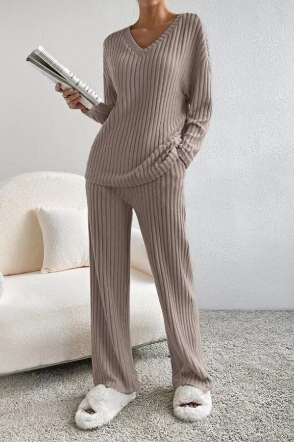 Plain V Neck Long Sleeve Top With Pants Loose Casual Two-Piece Set