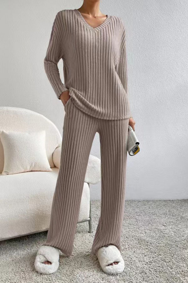 Plain V Neck Long Sleeve Top With Pants Loose Casual Two-Piece Set