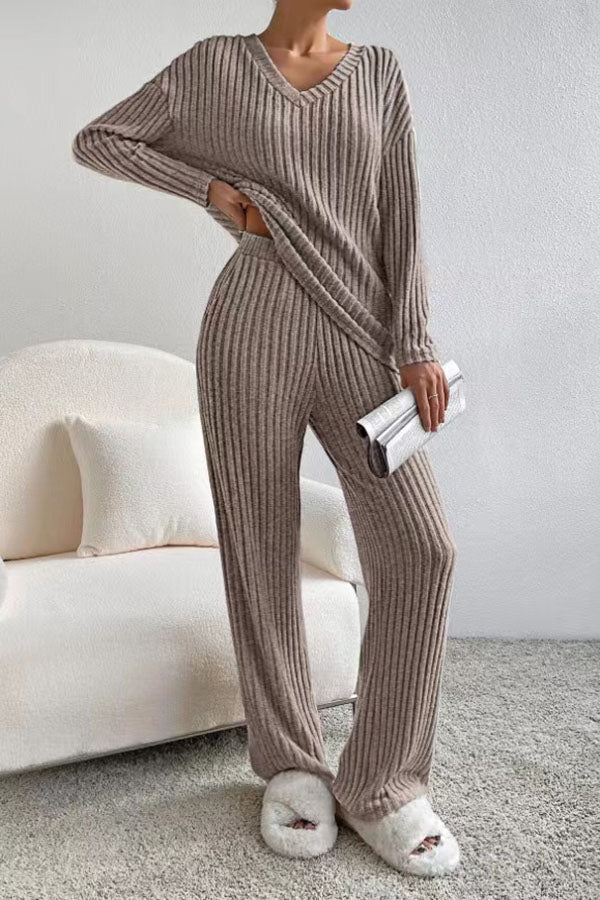 Plain V Neck Long Sleeve Top With Pants Loose Casual Two-Piece Set