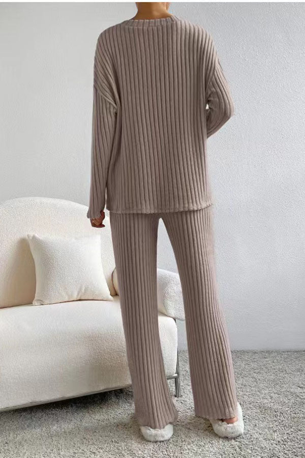 Plain V Neck Long Sleeve Top With Pants Loose Casual Two-Piece Set