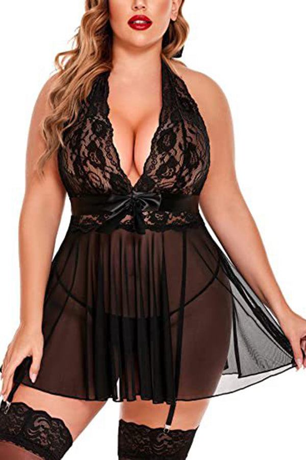 Lace Cup Dress Plus Size Babydoll - Black