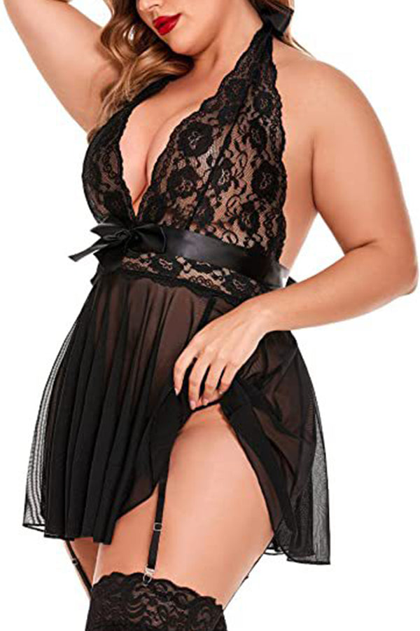 Lace Cup Dress Plus Size Babydoll - Black