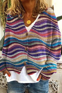 Women's Retro Colorful Striped V-Neck Long Sleeve Knitted Cardigan