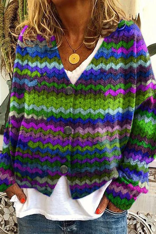 Women's Retro Colorful Striped V-Neck Long Sleeve Knitted Cardigan