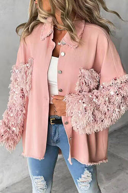 Contrast Sequin Tassel Design Fuzzy Patchwork Shacket