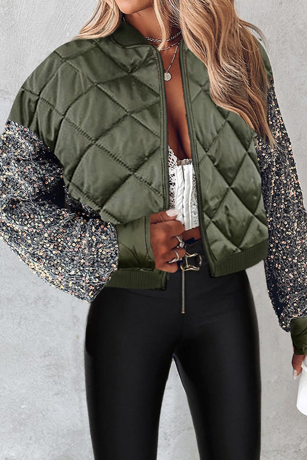 Contrast Sequin Zipper Design Puffer Jacket