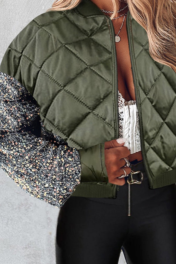 Contrast Sequin Zipper Design Puffer Jacket