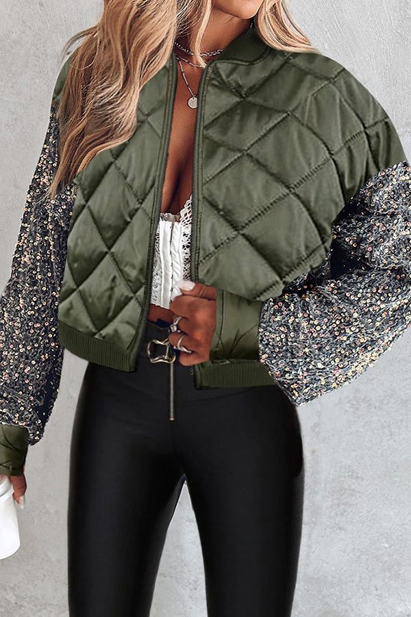 Contrast Sequin Zipper Design Puffer Jacket